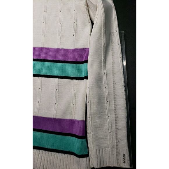 NPC Fashions Purple Teal Black On White Sweater - Picture 3 of 8